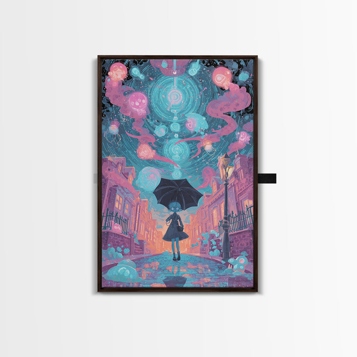 The Umbrella Of The Outer Rain, Retro Neon Halloween Art, Vertical Wall Art, Framed Canvas Print, Retro Halloween Decor, Neon Wall Art