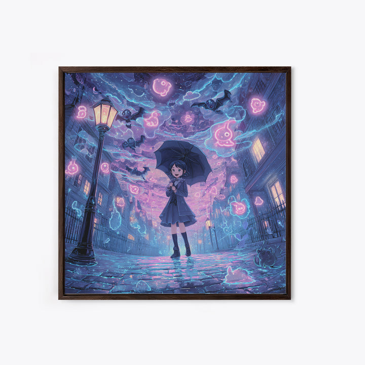The Umbrella Of The Outer Rain, Cute Spooky Neon Art, Square Wall Art, Canvas Print, Retro Halloween Decor, Neon Wall Art