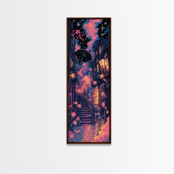 The Umbrella Of The Outer Rain, Cute Spooky Neon Art, Tall Narrow Wall Art, Canvas Print, Retro Halloween Decor, Neon Wall Art