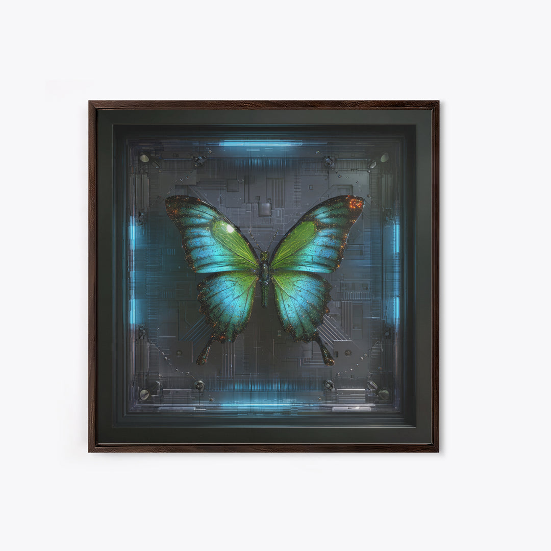 Holographic Butterfly over Black Metal Surface Canvas Print, Cyberpunk Art, Japanese Art, Living Room Decor, Fine Art, Neon, CYB-1x1-19