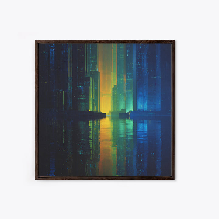 Neon Skyline Reflected Canvas Print, Cyberpunk Art, Man Cave Decor, Living Room Decor, Fine Art, Neon, Fine Art Print, CYB-1x1-22