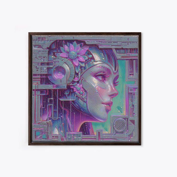 Android Woman with Glowing Circuitry and Flowers Canvas Print, Cyberpunk Art, Blue Wall Art, Living Room Decor, Neon, CYB-1x1-27