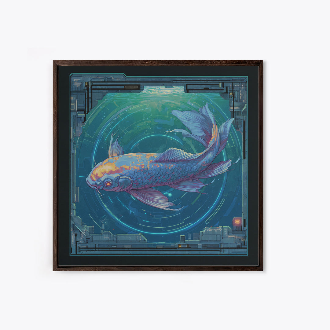 Cyberpunk Koi Swimming Through Electric Blue Water Canvas Print, Cyberpunk Art, Textured Painting, Living Room Decor, Neon, CYB-1x1-29