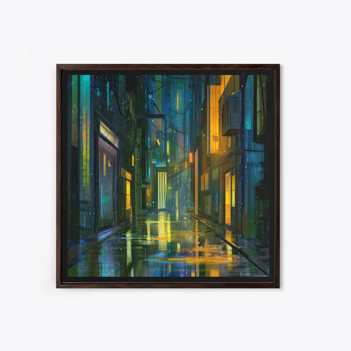 Rain Soaked Alley Framed Canvas Print, Cyberpunk Art, Gallery Decor, Living Room Decor, Fine Art, Neon, Wall Art, Home Decor, CYB-1x1-32