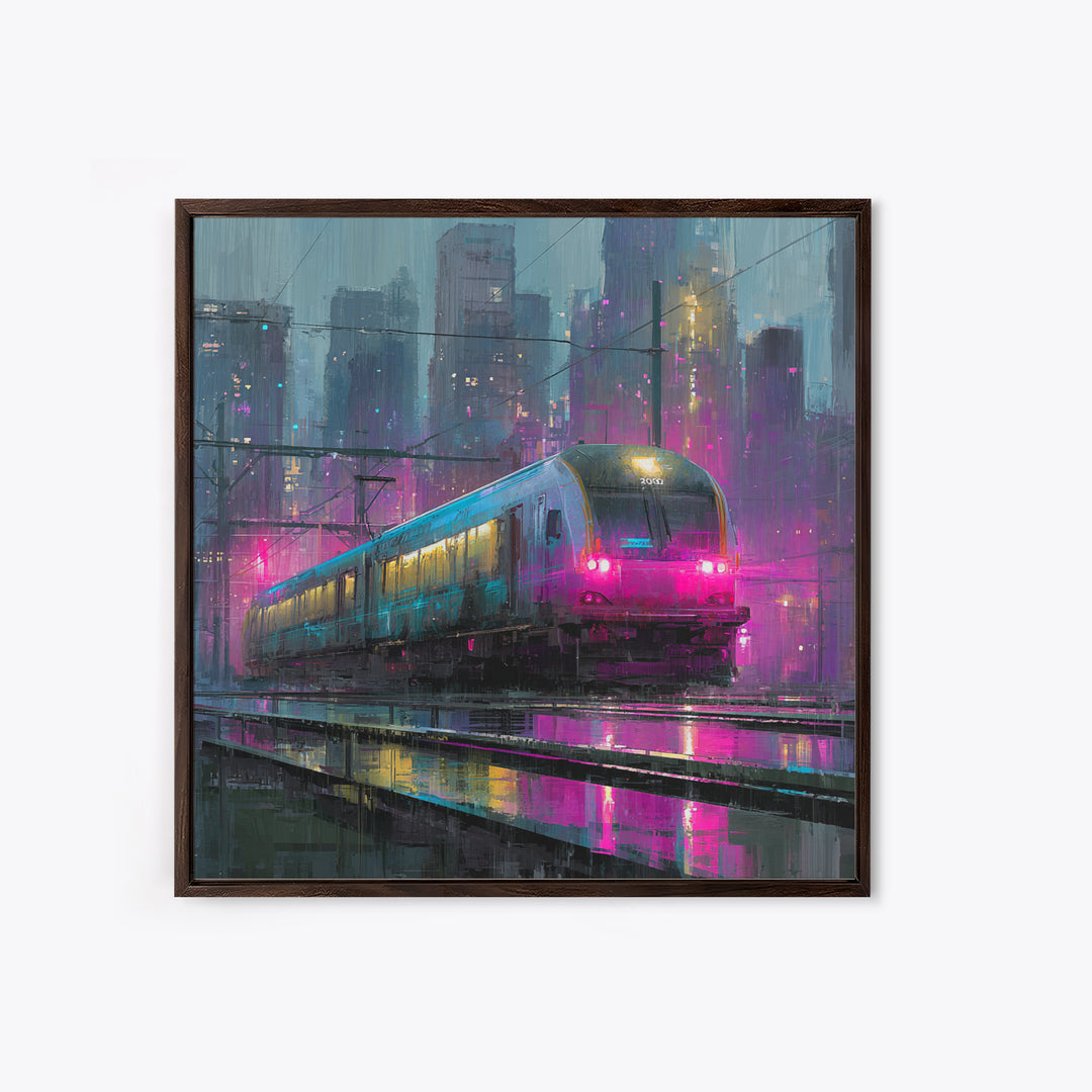 City Train Rushing Through Pink Electric Haze Framed Canvas Print, Cyberpunk Art, Boho Decor, Living Room Decor, Oil Painting, CYB-1x1-37