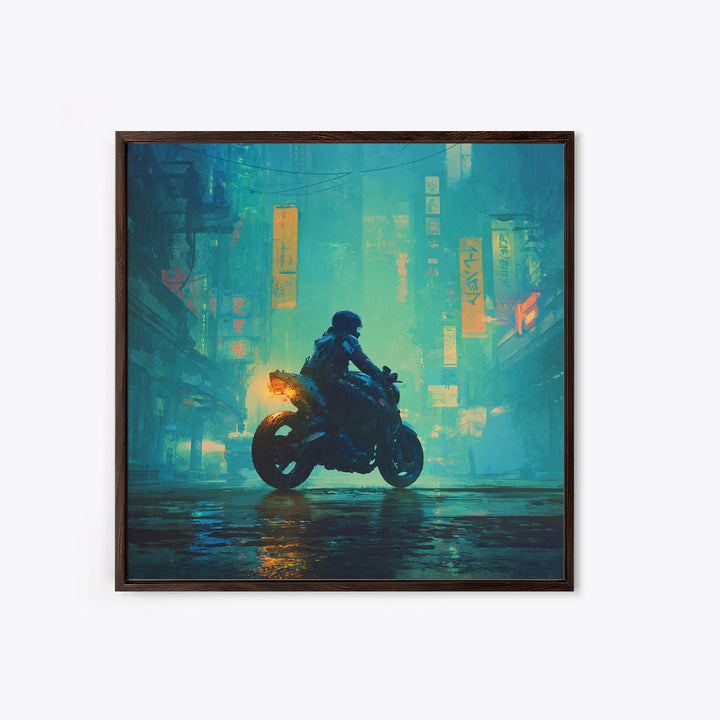 Motorcycle Rider under Holographic Signs Canvas Print, Cyberpunk Art, Home Decor, Living Room Decor, Neon, Japanese Wall Art, CYB-1x1-4