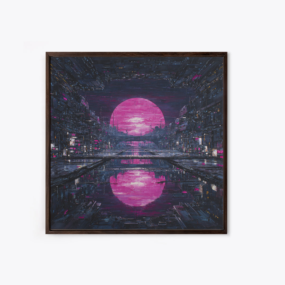 Dystopian Moon over Dense Rooftops Framed Canvas Print, Cyberpunk Art, Cyberpunk Helmet, Living Room Decor, Abstract Art, Neon, CYB-1x1-42