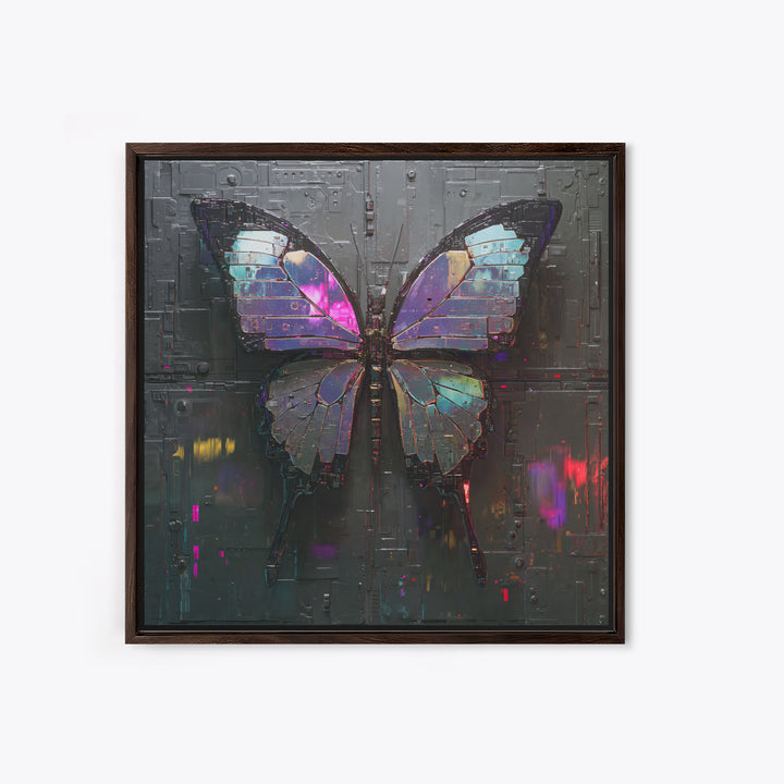 Holographic Butterfly over Black Metal Surface Framed Canvas Print, Cyberpunk Art, Man Cave Decor, Living Room Decor, Neon, CYB-1x1-43