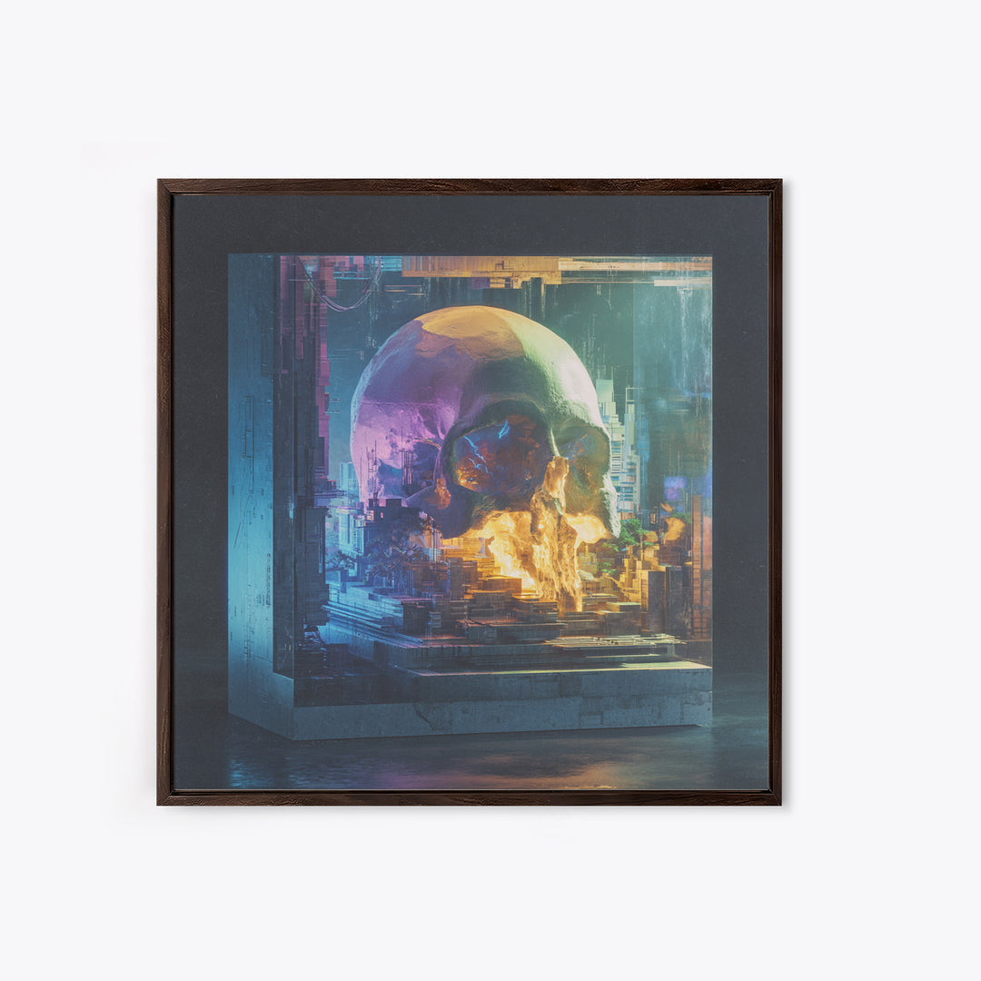 Cyberpunk Skull with Chrome and Violet Light Framed Canvas Print, Cyberpunk Art, Movie Posters, Living Room Decor, Neon, CYB-1x1-44