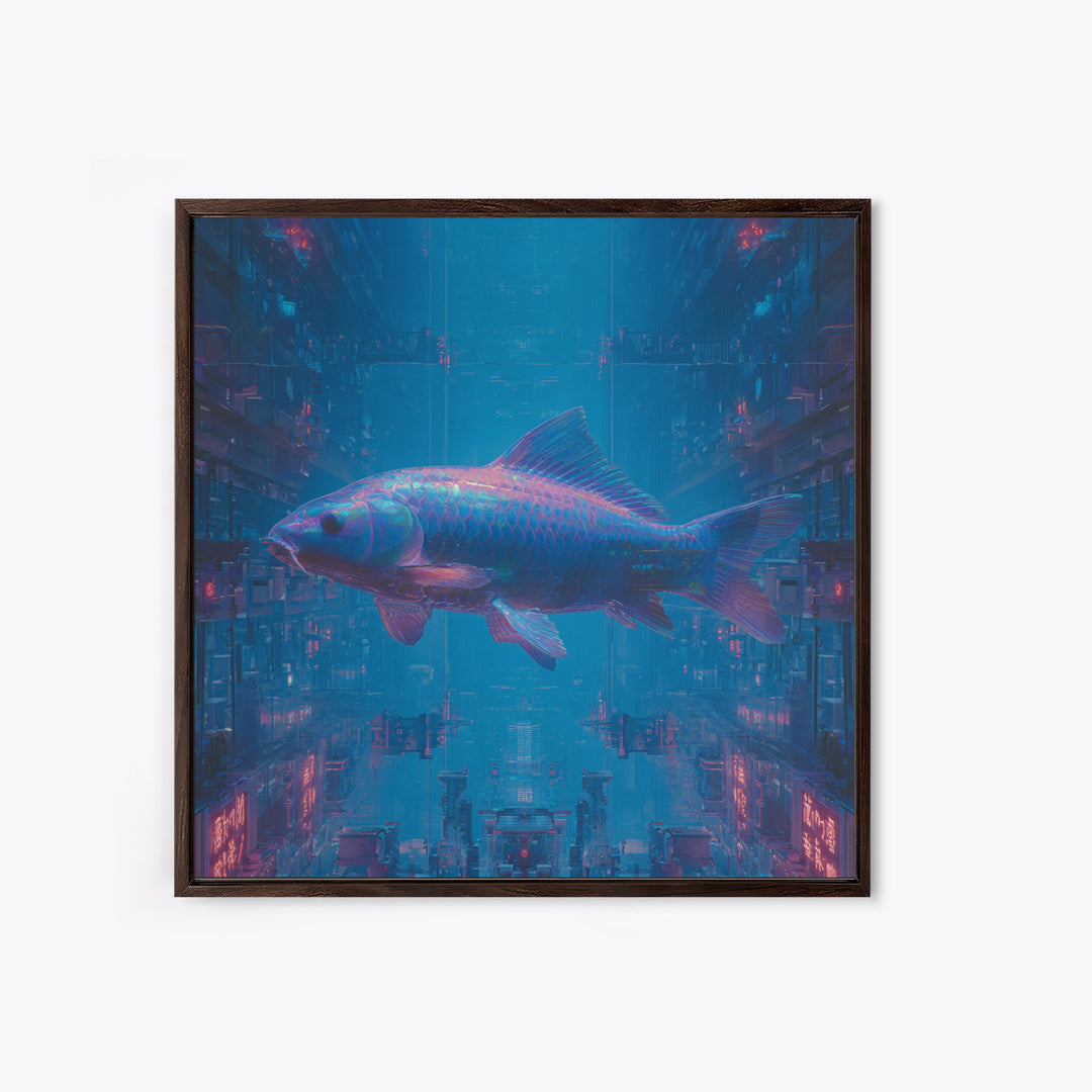 Cyberpunk Koi Swimming Through Electric Blue Water Canvas Print, Cyberpunk Art, Fine Art Print, Living Room Decor, Neon, CYB-1x1-5