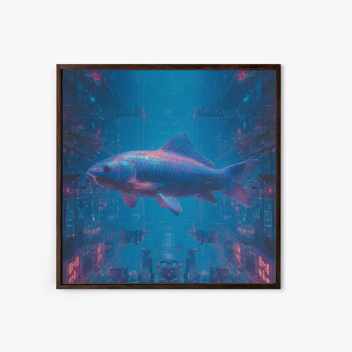 Cyberpunk Koi Swimming Through Electric Blue Water Canvas Print, Cyberpunk Art, Fine Art Print, Living Room Decor, Neon, CYB-1x1-5