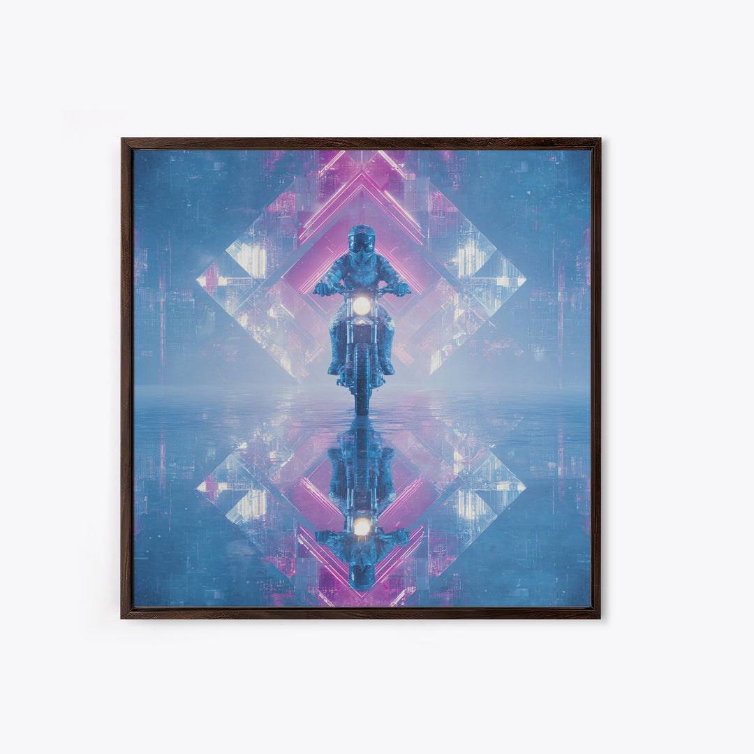 Motorcycle Rider under Holographic Signs Framed Canvas Print, Cyberpunk Art, Cool Wall Art, Living Room Decor, Fine Art, Neon, CYB-1x1-52