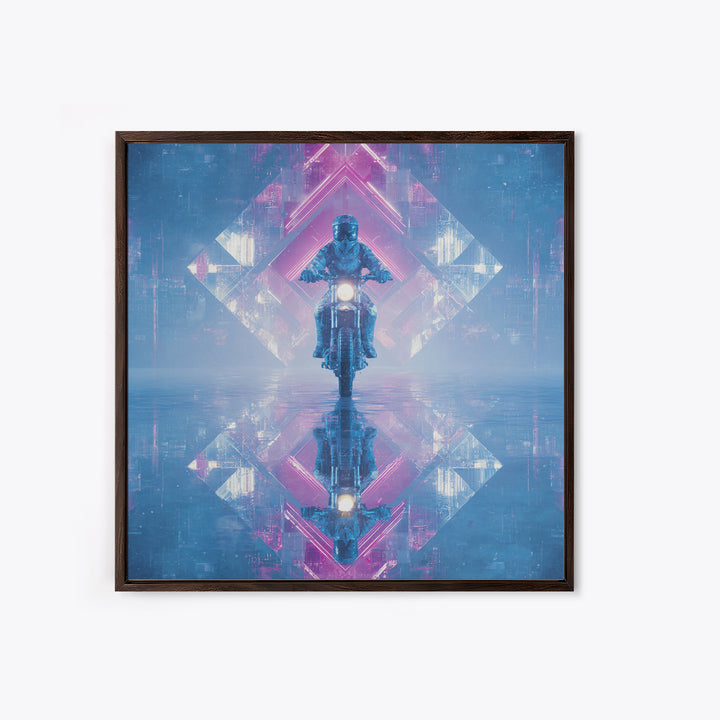 Motorcycle Rider under Holographic Signs Framed Canvas Print, Cyberpunk Art, Cool Wall Art, Living Room Decor, Fine Art, Neon, CYB-1x1-52