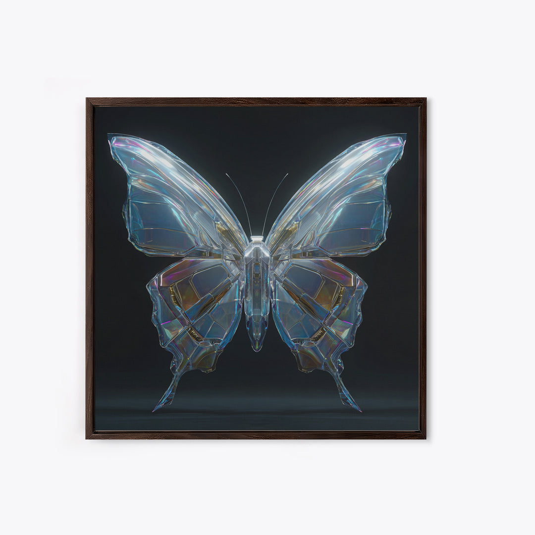 Holographic Butterfly over Black Metal Surface Framed Canvas Print, Cyberpunk Art, Modern Decor, Living Room Decor, Neon, CYB-1x1-67