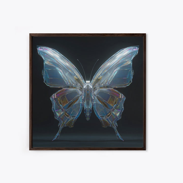Holographic Butterfly over Black Metal Surface Framed Canvas Print, Cyberpunk Art, Modern Decor, Living Room Decor, Neon, CYB-1x1-67