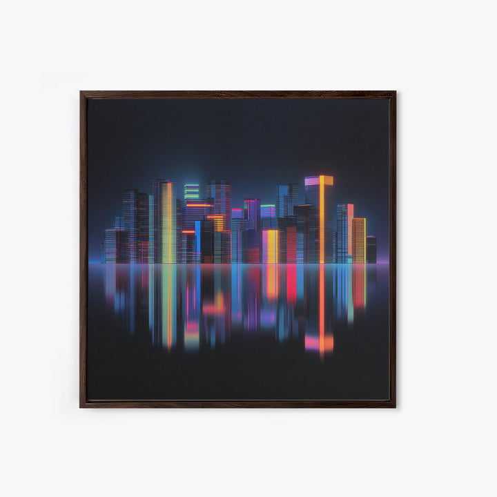 Neon Skyline Reflected Framed Canvas Print, Cyberpunk Art, Minimalist Poster, Living Room Decor, Fine Art, Neon, CYB-1x1-70