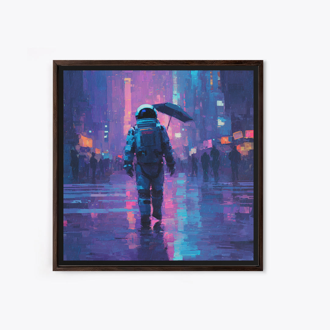 Astronaut Street Wanderer Framed Canvas Print, Cyberpunk Art, Cyberpunk Tarot, Living Room Decor, Fine Art, Neon, CYB-1x1-71