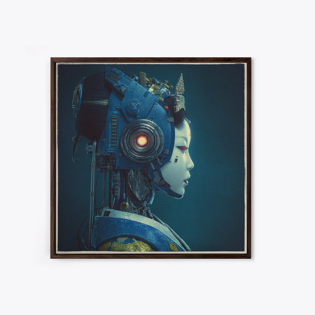Robot Geisha Portrait Framed Canvas Print, Cyberpunk Art, Boho Decor, Living Room Decor, Fine Art, Neon, Art Print, Digital Art, CYB-1x1-79