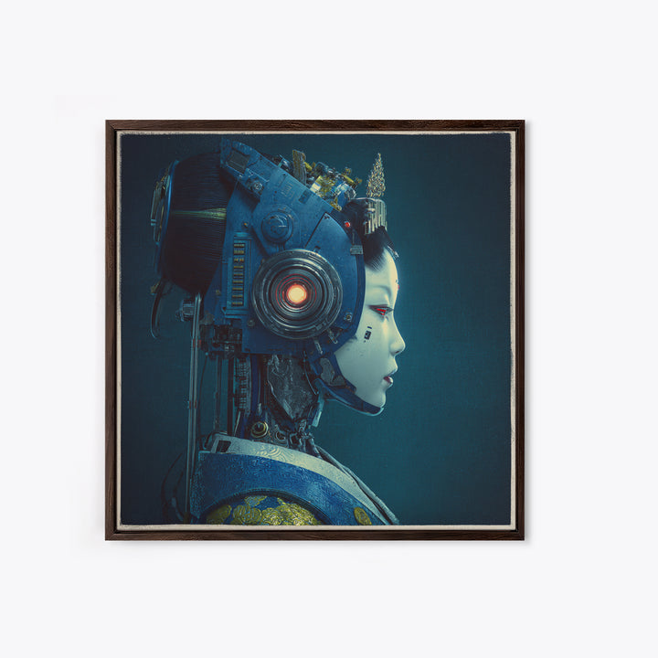 Robot Geisha Portrait Framed Canvas Print, Cyberpunk Art, Boho Decor, Living Room Decor, Fine Art, Neon, Art Print, Digital Art, CYB-1x1-79