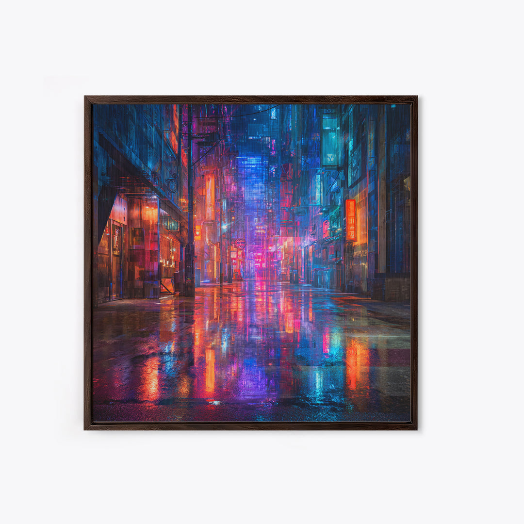 Rain Soaked Alley Framed Canvas Print, Cyberpunk Art, Cyberpunk 2077, Living Room Decor, Fine Art, Neon, Cyberpunk Decor, CYB-1x1-8