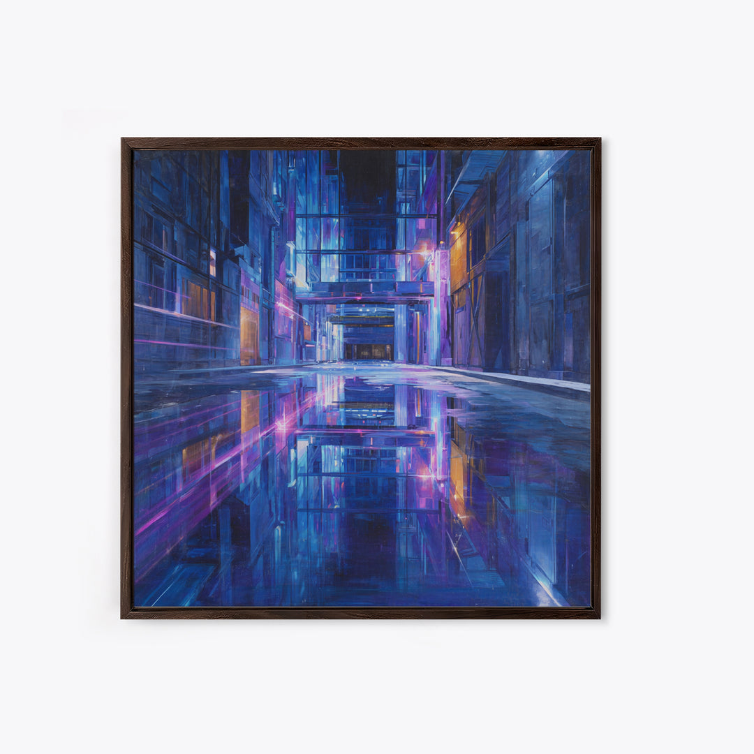 Rain Soaked Alley Framed Canvas Print, Cyberpunk Art, Fine Art Print, Living Room Decor, Abstract Art, Neon, Wall Decor, CYB-1x1-80