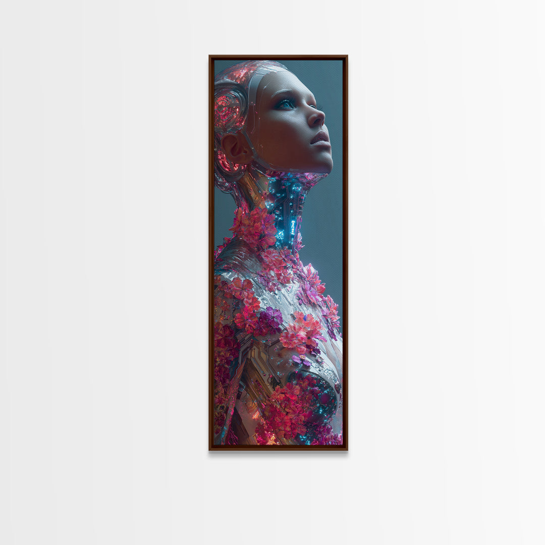 Android Woman with Glowing Circuitry and Flowers Framed Canvas Print, Cyberpunk Art, Canvas Wall Art, Living Room Decor, Neon, CYB-1x3-15