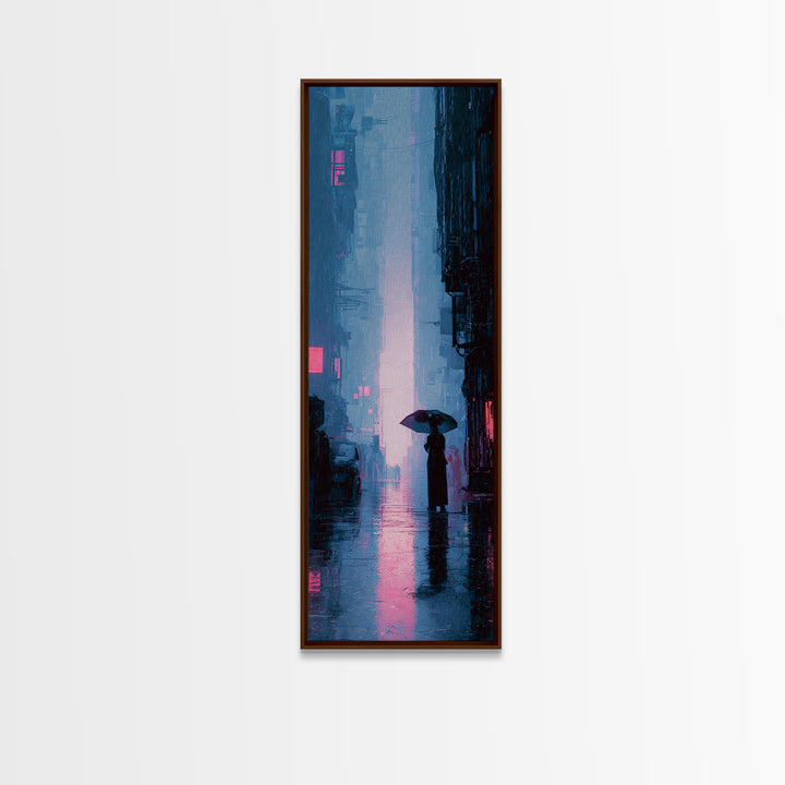 Glowing Umbrella Figure Canvas Print, Cyberpunk Art, Modern Wall Art, Living Room Decor, Oil Painting, Neon, Minimalist Poster, CYB-1x3-27