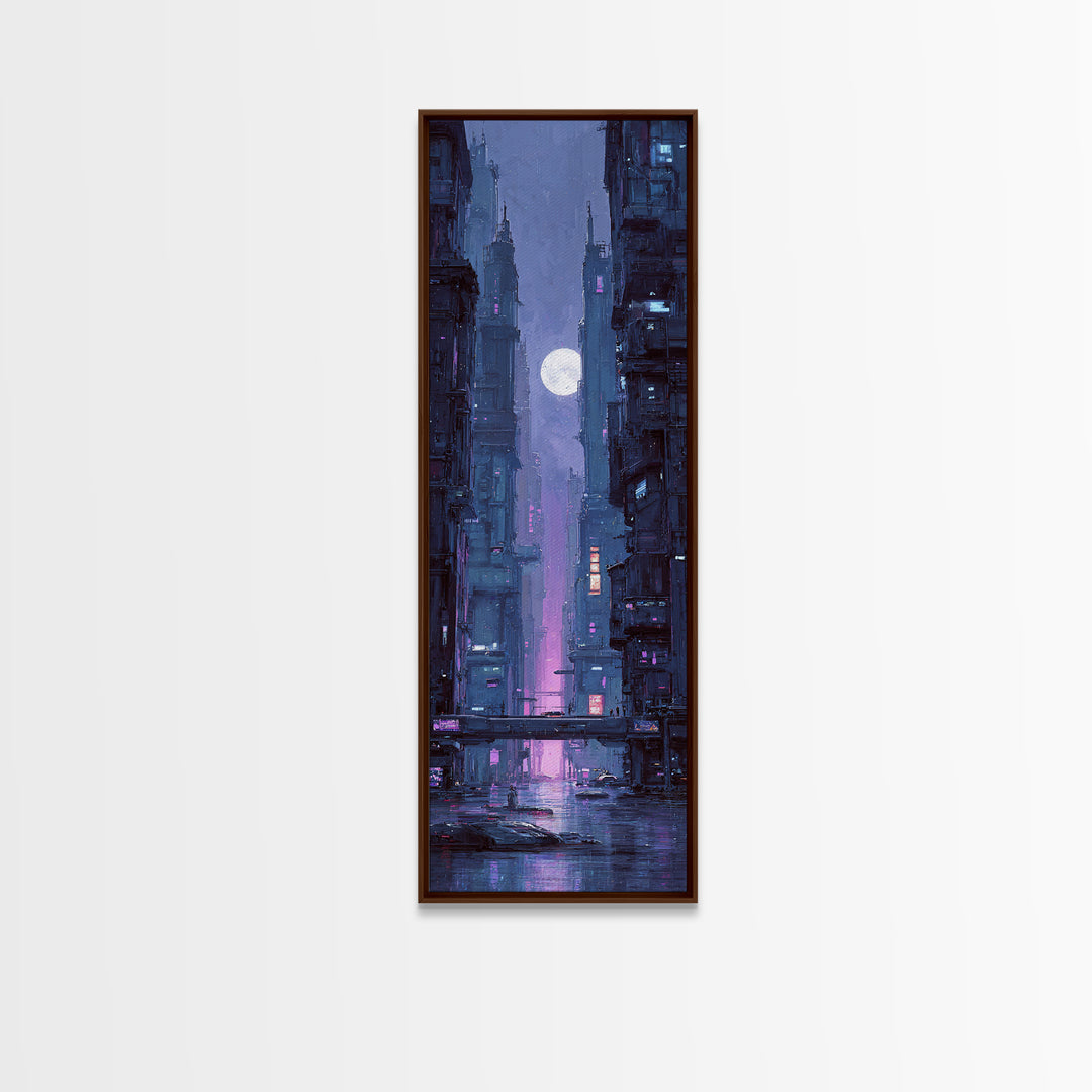 Dystopian Moon over Dense Rooftops Framed Canvas Print, Cyberpunk Art, Fantasy Art, Living Room Decor, Oil Painting, Neon, CYB-1x3-30