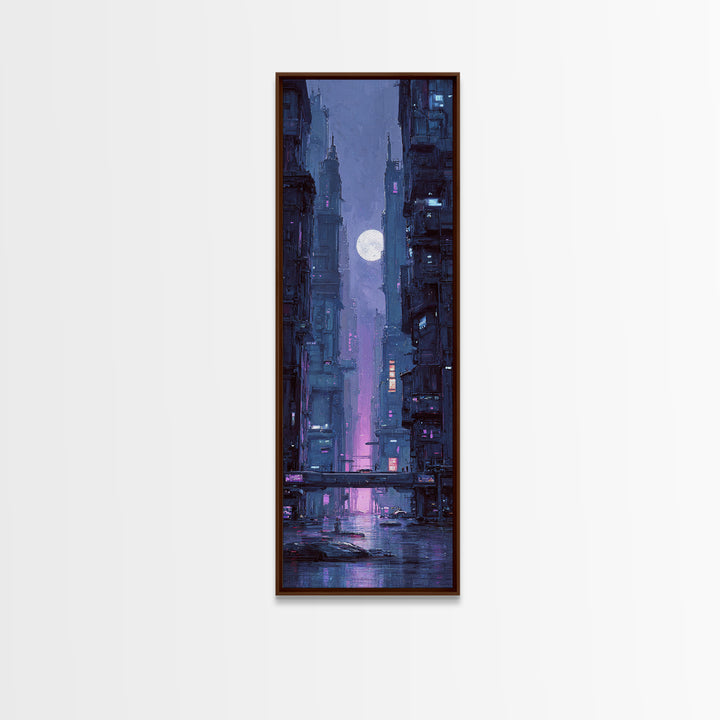 Dystopian Moon over Dense Rooftops Framed Canvas Print, Cyberpunk Art, Fantasy Art, Living Room Decor, Oil Painting, Neon, CYB-1x3-30