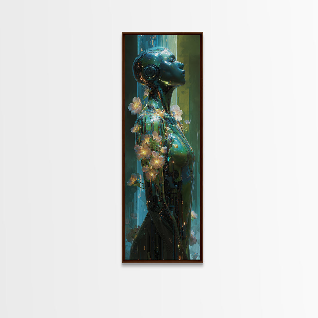 Android Woman with Glowing Circuitry and Flowers Canvas Print, Cyberpunk Art, Blue Wall Art, Living Room Decor, Oil Painting, CYB-1x3-39