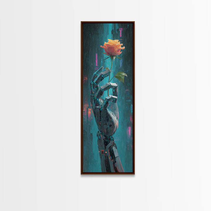 Robotic Hand Holding a Real Rose Framed Canvas Print, Cyberpunk Art, Minimalist Decor, Living Room Decor, Fine Art, Neon, CYB-1x3-4