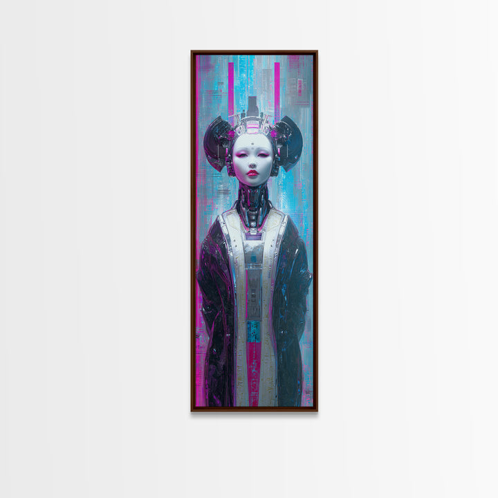 Robot Geisha Portrait Canvas Print, Cyberpunk Art, Cool Wall Art, Living Room Decor, Neon, Gallery Decor, Neutral Decor, CYB-1x3-43