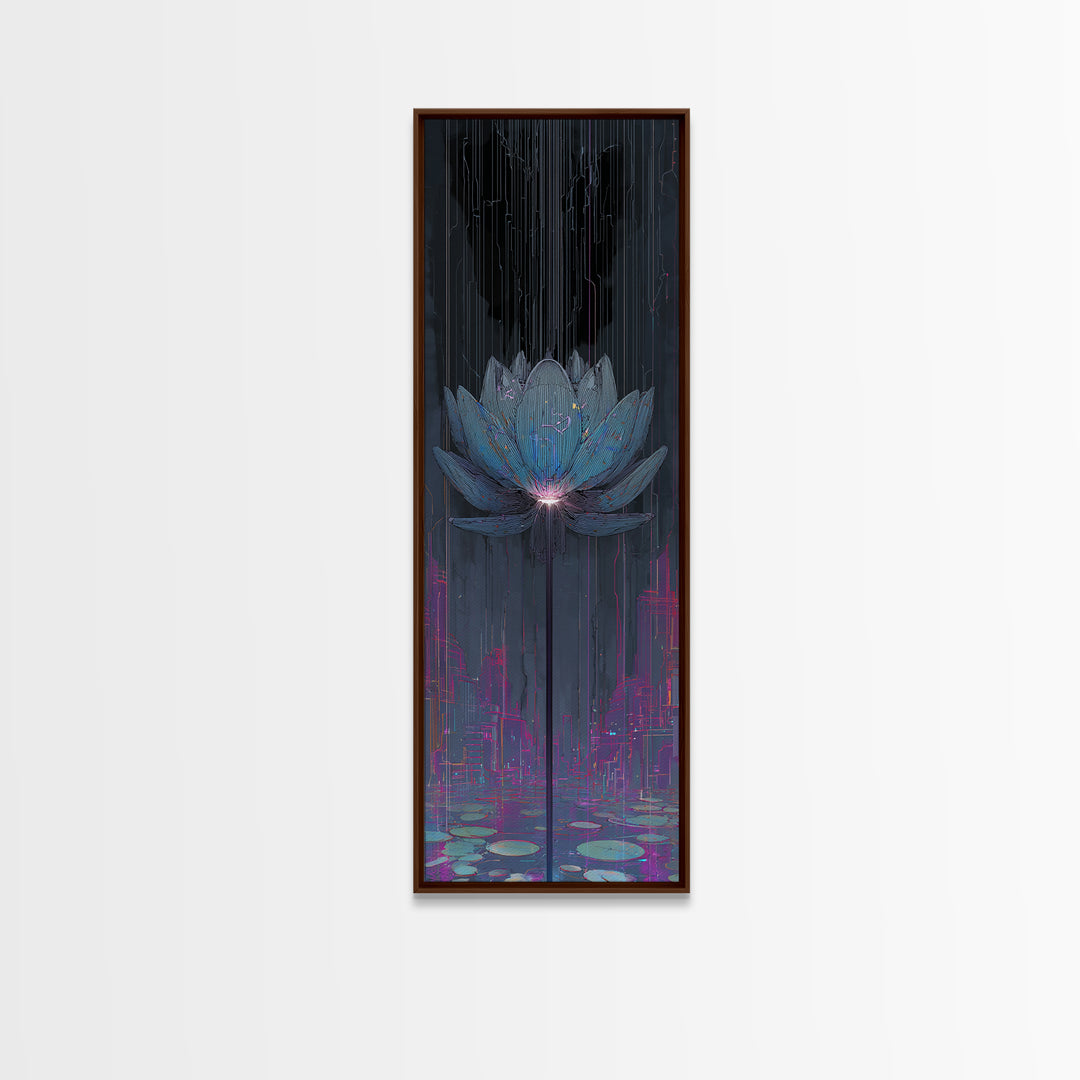 Electric Lotus Flower Framed Canvas Print, Cyberpunk Art, Textured Painting, Living Room Decor, Neon, Digital Wall Art, CYB-1x3-53