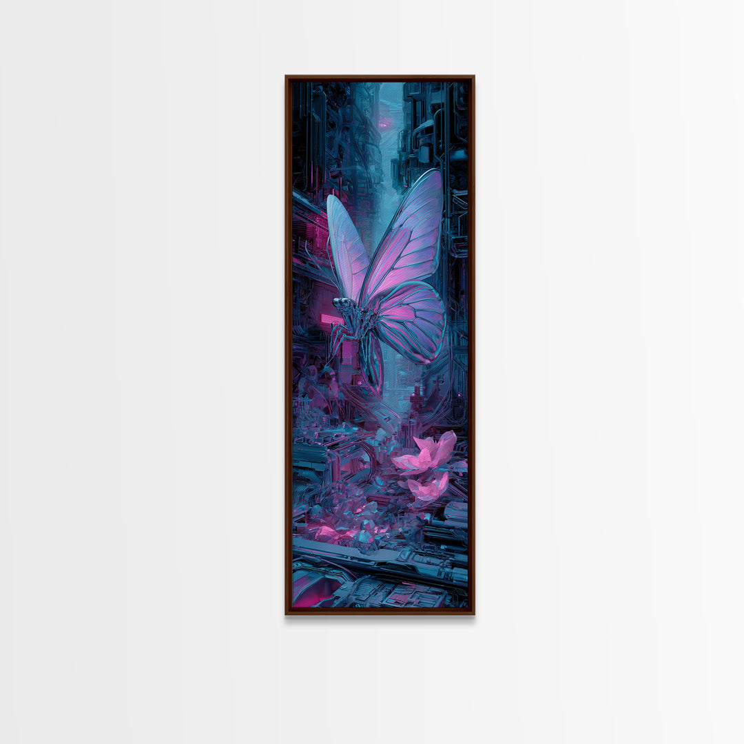 Holographic Butterfly over Black Metal Surface Canvas Print, Cyberpunk Art, Man Cave Decor, Living Room Decor, Fine Art, Neon, CYB-1x3-55
