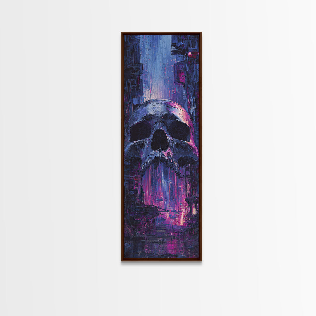 Cyberpunk Skull with Chrome and Violet Light Canvas Print, Cyberpunk Art, Modern Art, Living Room Decor, Fine Art, Neon, CYB-1x3-56