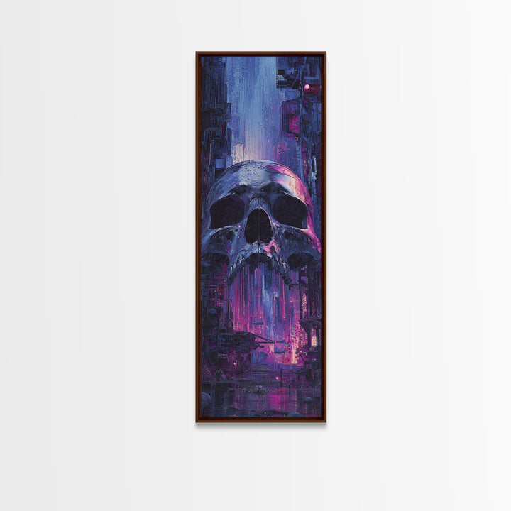 Cyberpunk Skull with Chrome and Violet Light Canvas Print, Cyberpunk Art, Modern Art, Living Room Decor, Fine Art, Neon, CYB-1x3-56