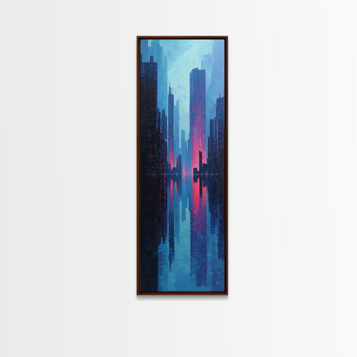 Neon Skyline Reflected Framed Canvas Print, Cyberpunk Art, Modern Wall Decor, Living Room Decor, Abstract Art, Neon, CYB-1x3-58