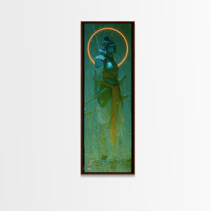 Neon Samurai Portrait Framed Canvas Print, Cyberpunk Art, Cyberpunk, Living Room Decor, Neon, Modern Art, Blue Wall Art, CYB-1x3-61