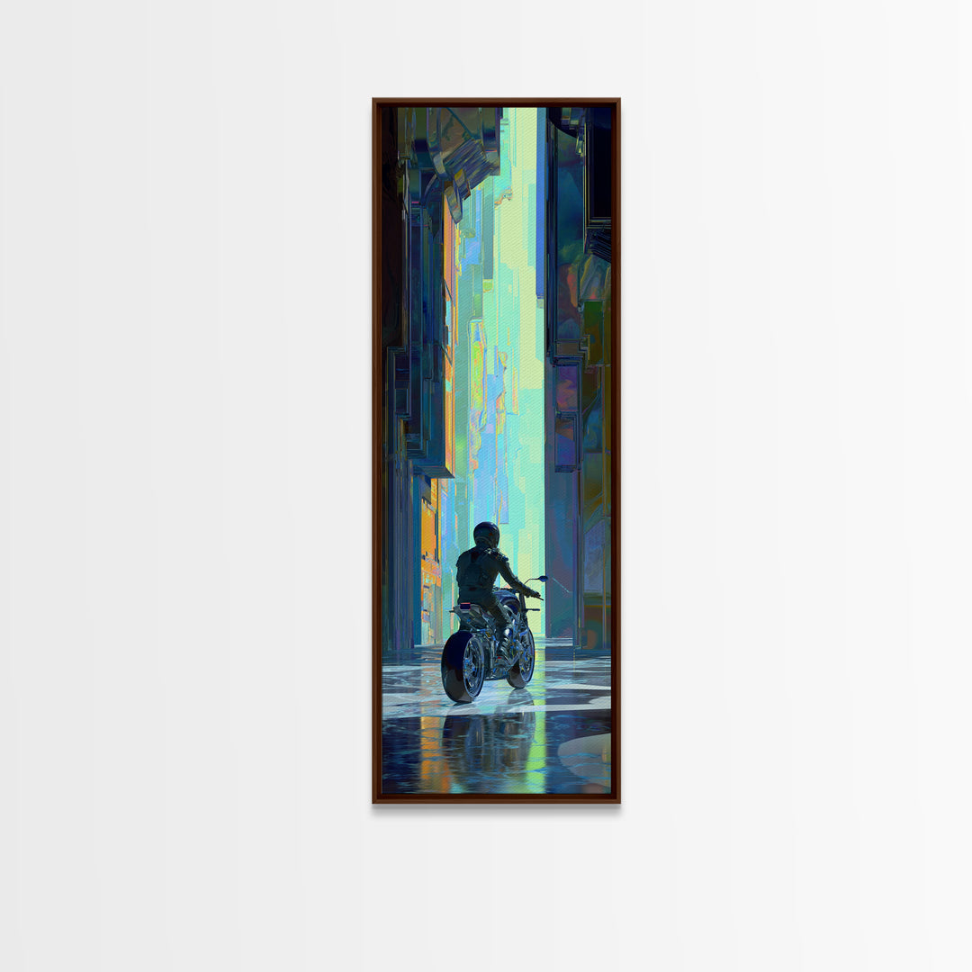 Motorcycle Rider under Holographic Signs Framed Canvas Print, Cyberpunk Art, Cool Wall Art, Living Room Decor, Fine Art, Neon, CYB-1x3-64