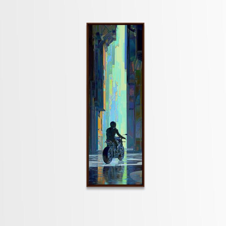 Motorcycle Rider under Holographic Signs Framed Canvas Print, Cyberpunk Art, Cool Wall Art, Living Room Decor, Fine Art, Neon, CYB-1x3-64