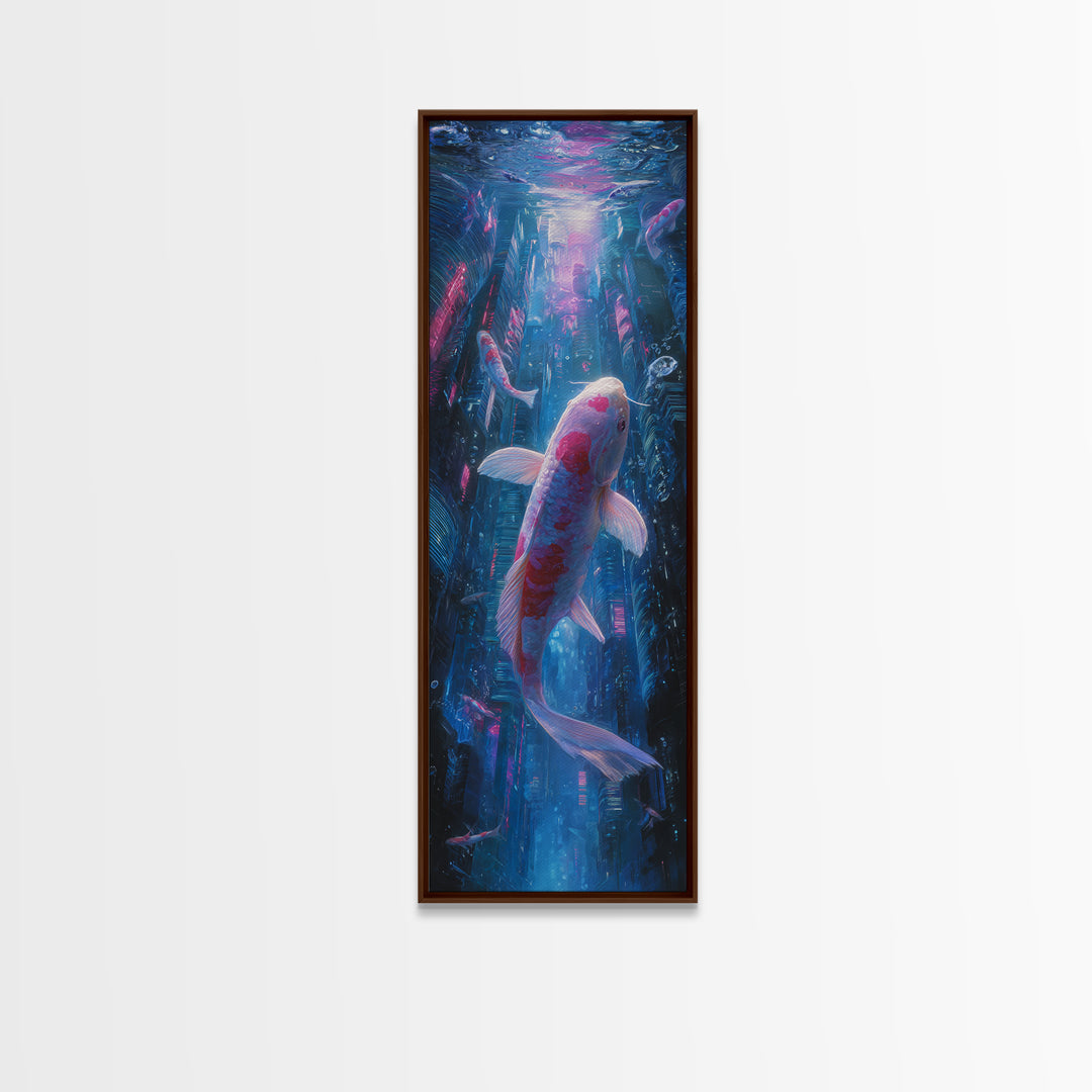 Cyberpunk Koi Swimming Through Electric Blue Water Canvas Print, Cyberpunk Art, Art Print, Living Room Decor, Fine Art, Neon, CYB-1x3-65
