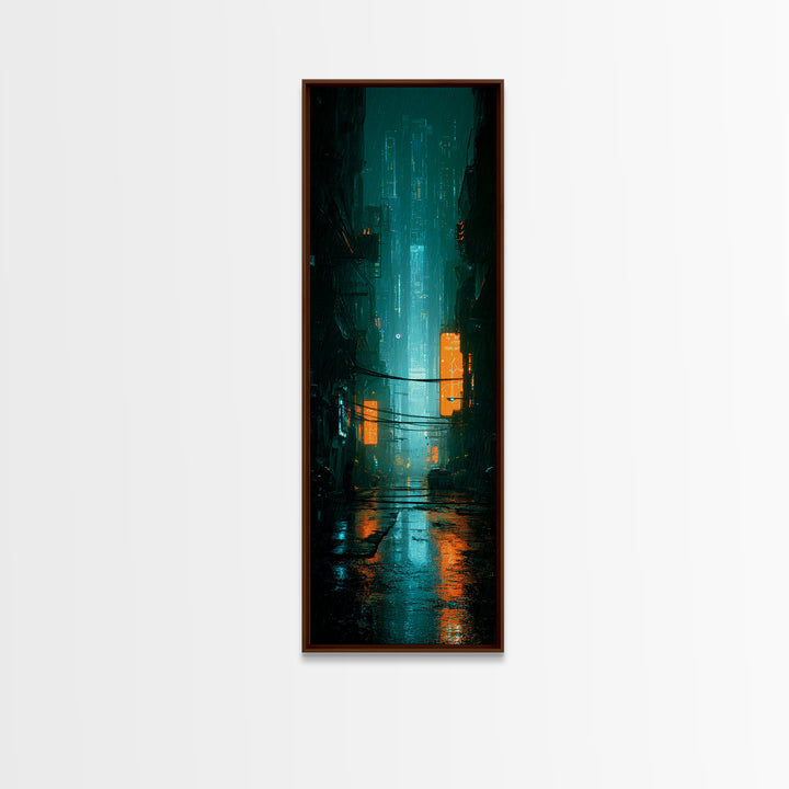 Retro Arcade Dystopia Framed Canvas Print, Cyberpunk Art, Modern Decor, Living Room Decor, Fine Art, Neon, Poster, Wall Decor, CYB-1x3-70