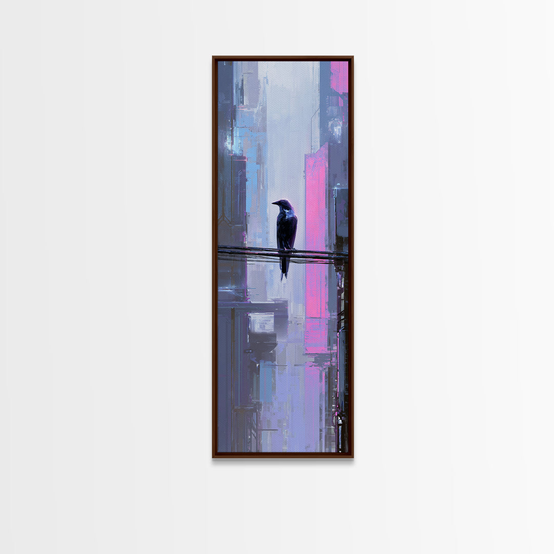Cybernetic Raven Perched on a Cable Framed Canvas Print, Cyberpunk Art, Gallery Decor, Living Room Decor, Fine Art, Neon, CYB-1x3-71
