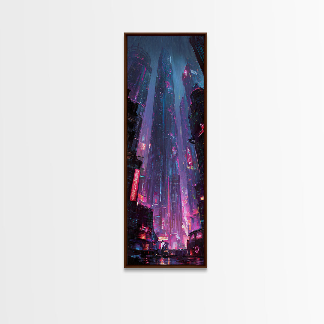 Neon Dragon Wrapped Around Skyscraper Shapes Framed Canvas Print, Cyberpunk Art, Fine Art Print, Living Room Decor, CYB-1x3-74