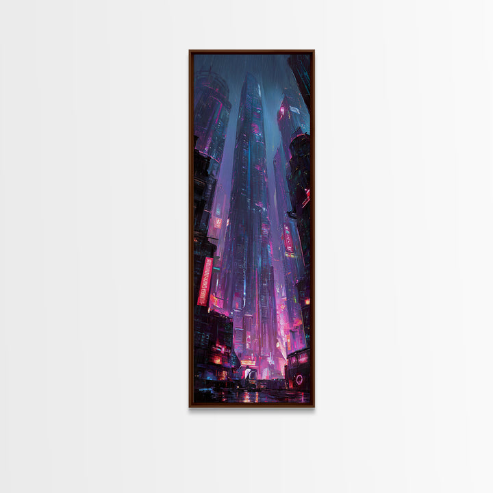 Neon Dragon Wrapped Around Skyscraper Shapes Framed Canvas Print, Cyberpunk Art, Fine Art Print, Living Room Decor, CYB-1x3-74