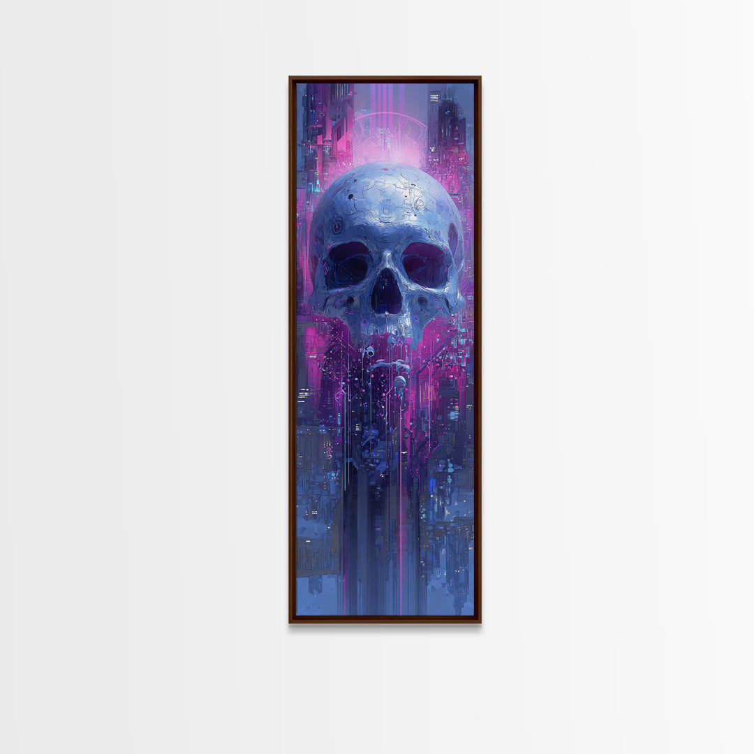 Cyberpunk Skull with Chrome and Violet Light Framed Canvas Print, Cyberpunk Art, Contemporary Art, Living Room Decor, Neon, CYB-1x3-8