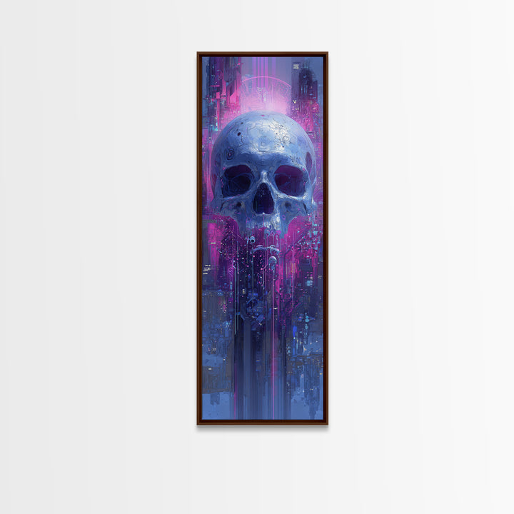 Cyberpunk Skull with Chrome and Violet Light Framed Canvas Print, Cyberpunk Art, Contemporary Art, Living Room Decor, Neon, CYB-1x3-8