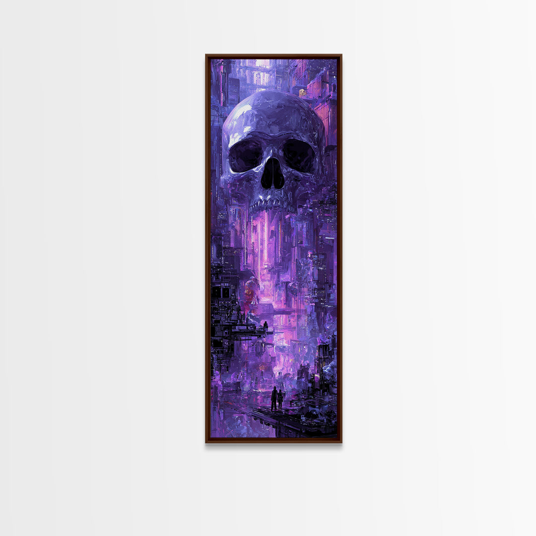 Cyberpunk Skull with Chrome and Violet Light Framed Canvas Print, Cyberpunk Art, Digital Art Print, Living Room Decor, Neon, CYB-1x3-80