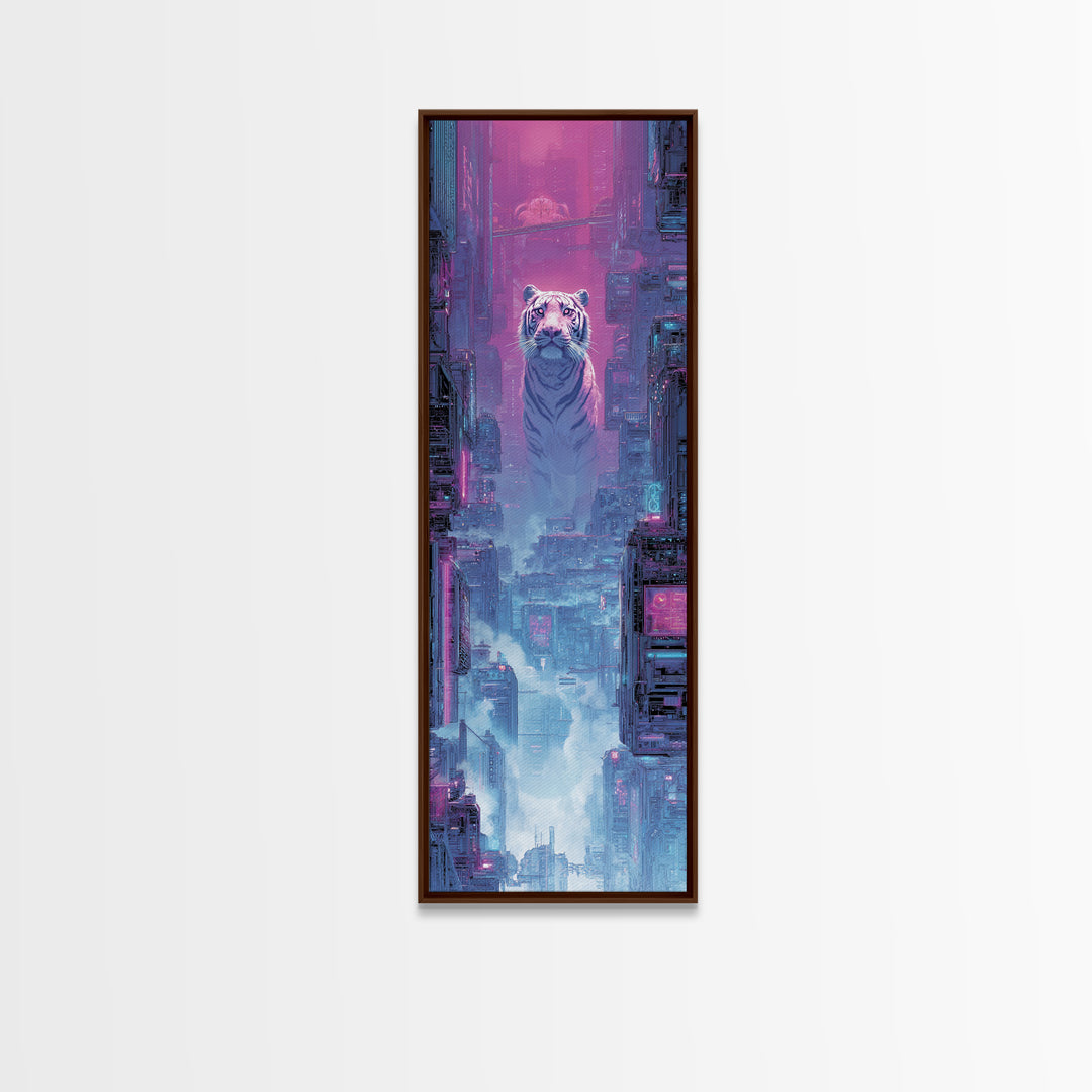 Neon Tiger Emerging from Digital Fog Canvas Print, Cyberpunk Art, Digital Art, Living Room Decor, Fine Art, Neon, Cool Wall Art, CYB-1x3-93