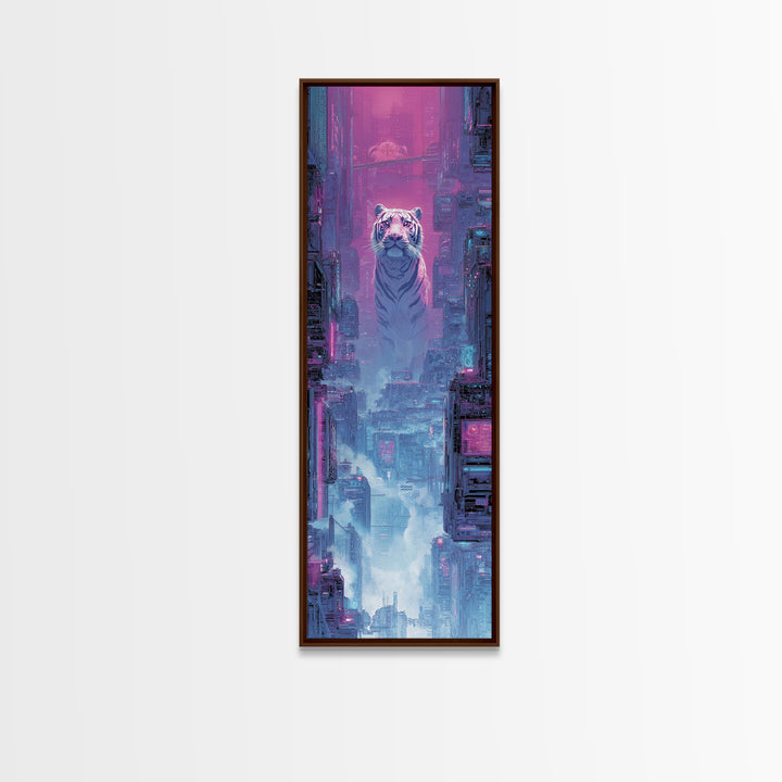 Neon Tiger Emerging from Digital Fog Canvas Print, Cyberpunk Art, Digital Art, Living Room Decor, Fine Art, Neon, Cool Wall Art, CYB-1x3-93